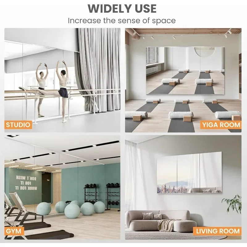 مرآة رياضية منزلية، 48 × 24 بوصة (عبوة من قطعتين) مرآة زجاجية كبيرة بدون إطار مثبتة على الحائط، فكرة لصالة الألعاب الرياضية واليوجا