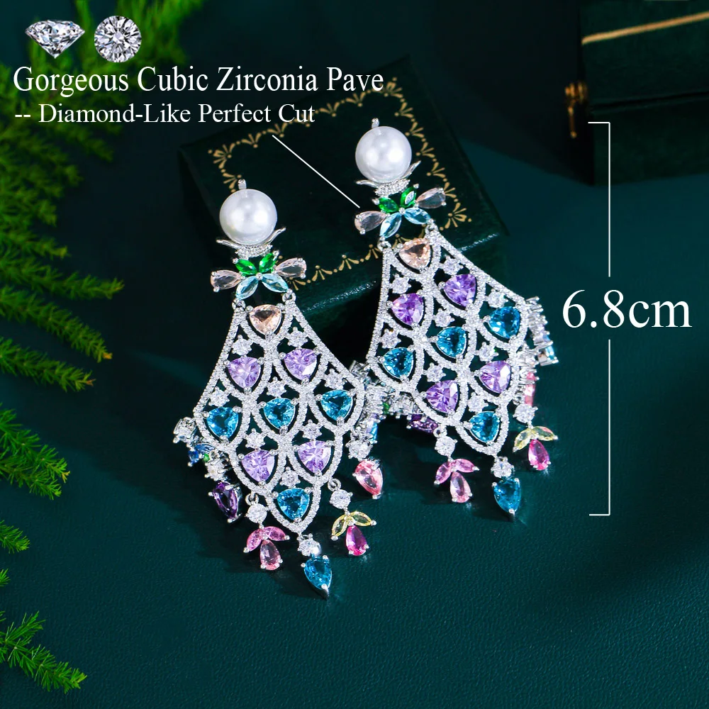 CWWZircons Luxury Chunky Cubic Zirconia Pave Multicolor Large Long Chandelier Drop Dangle Bridal Party Earrings for Women CZ678