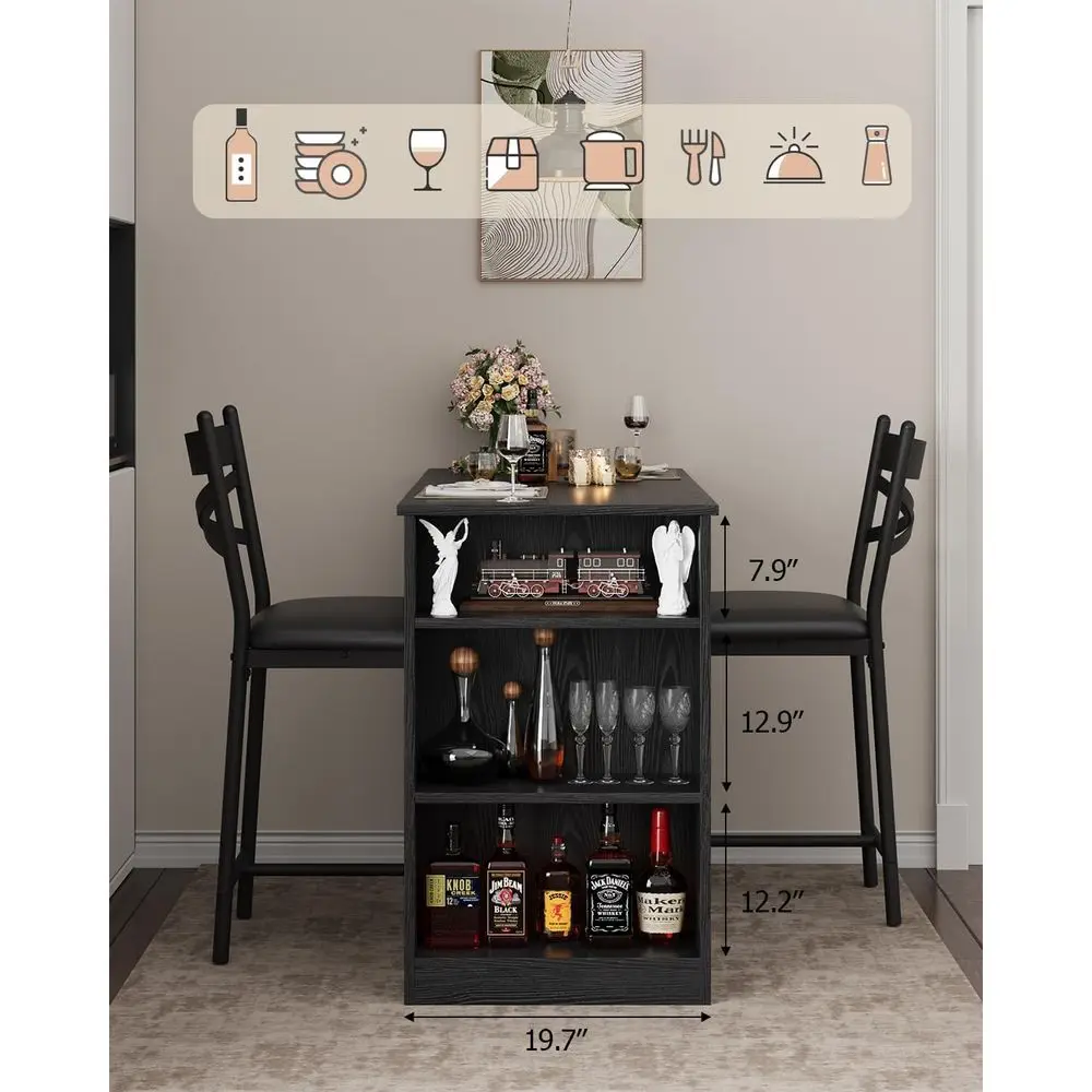 3-częściowy rozkładany zestaw stołów barowych z miejscem do przechowywania, idealny do małych przestrzeni, czarny