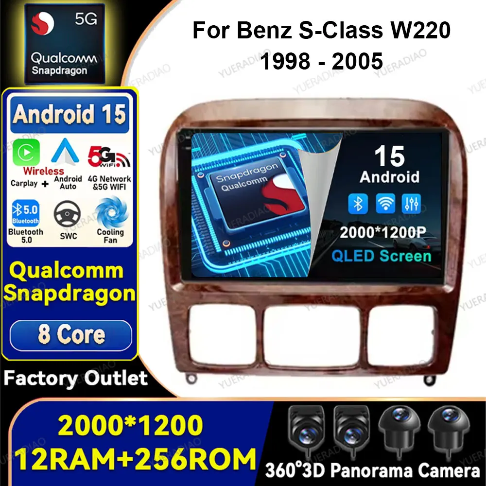 Автомобильный радиоприемник Android 15 для Mercedes Benz S-Class W220 1998-2005 Qualcomm, головное устройство, мультимедийный стерео видеоплеер, 2DIN QLED BT