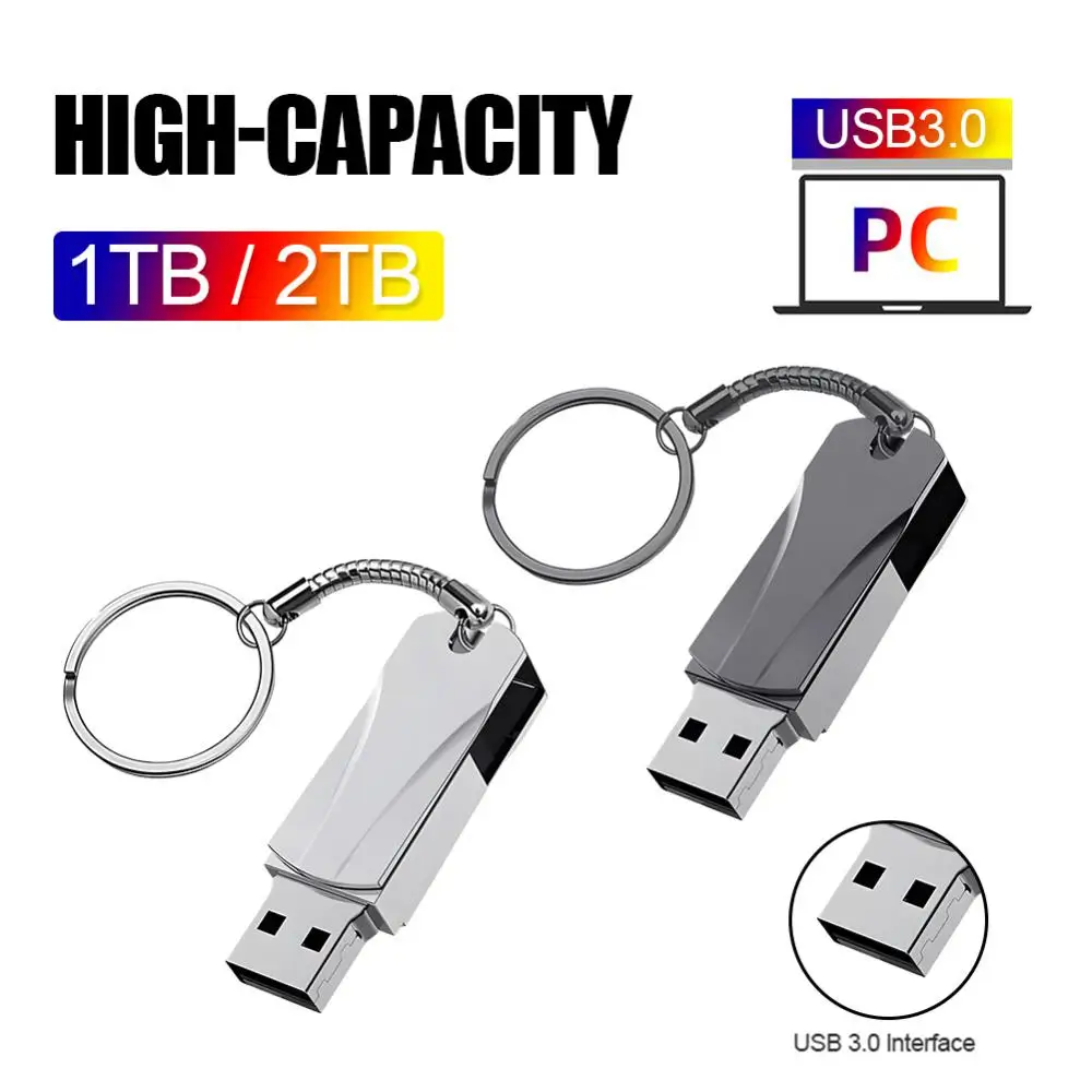 Pen Drive 2TB 1TB, memori portabel tahan air USB 3.0 transmisi Data logam Flash Drive dengan gantungan kunci gratis