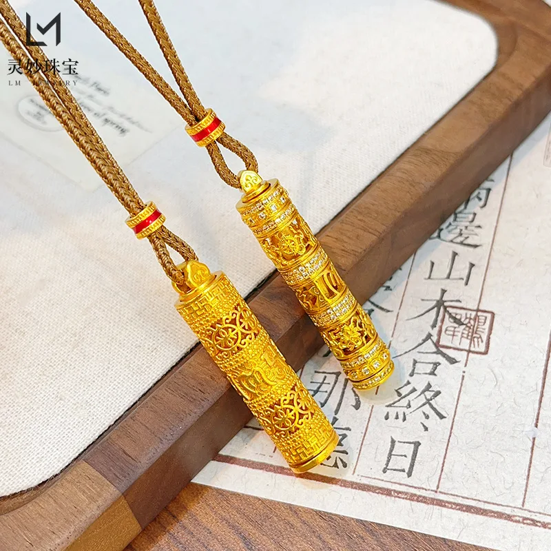 Dot Drill Hollow Six-character True Words Eight Treasures Carry-on Buddha Pendant Golden Buddha Year of Life Woolen Chain Female