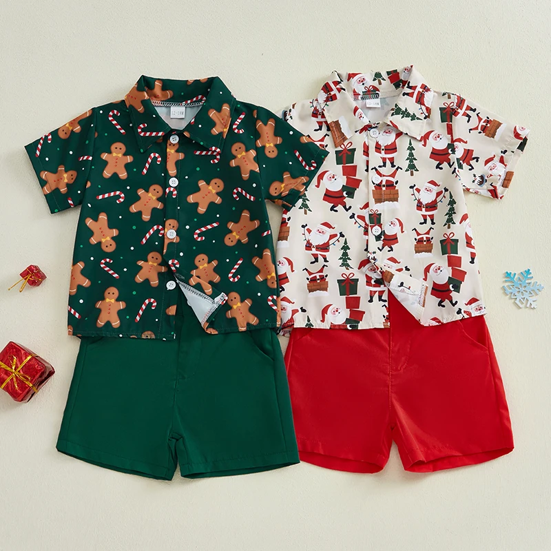 Weihnachtsset für kleine Jungen, Weihnachtsmann, Knopfleiste, kurze Ärmel, Reverskragen, Tops, Shorts, Outfit – Detail 8