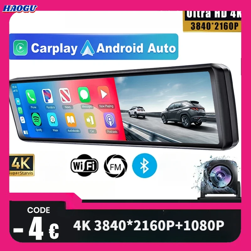 

11.26 "4K 2160P Car Dvr Carplay Android Auto Dash Cam FM Stream Car View Mirror Dashcam Dvrs Camera Drive Recorder
