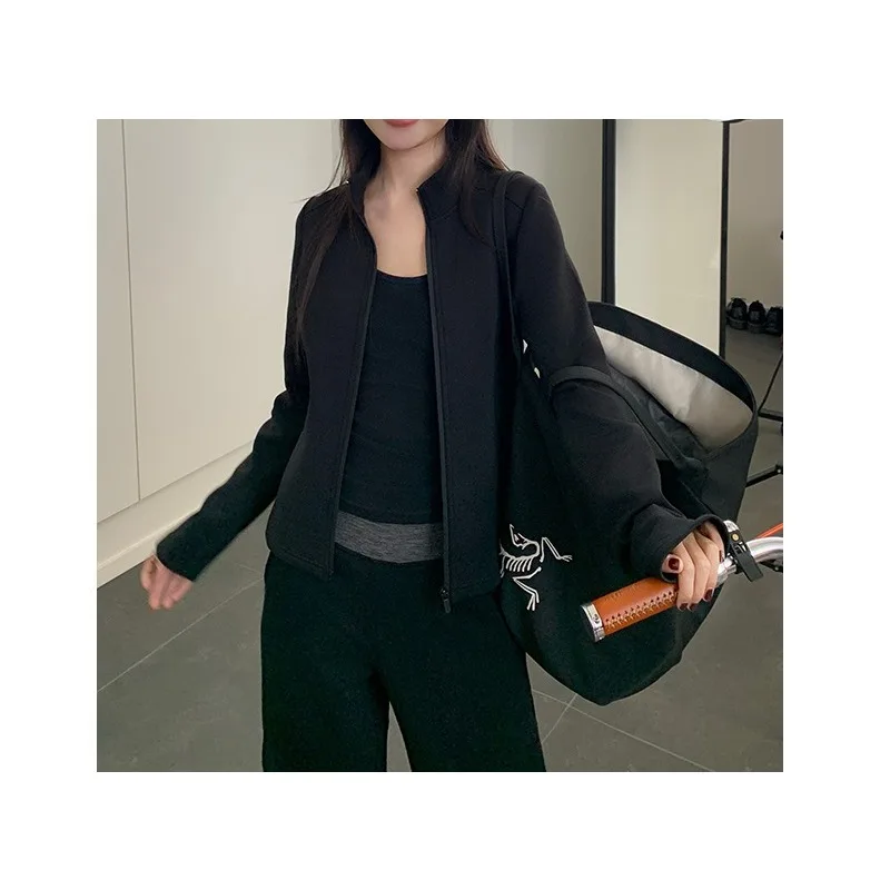 Giacca casual da donna autunno e inverno nuova giacca sportiva cardigan a vita corta con colletto rialzato e aderente