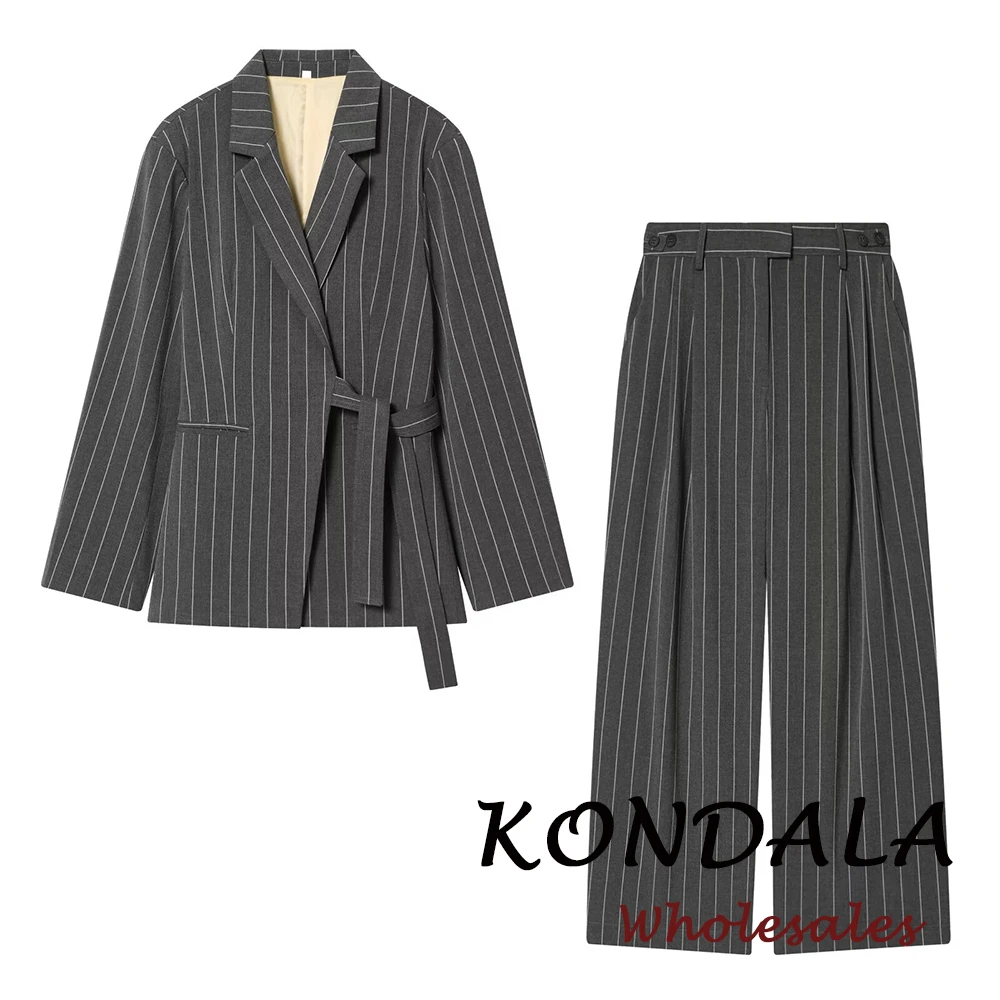 KONDALA Chic 2026 Spring Grey Women Striped Suits Lace-up Elegant Blazer+Zipper Pocket Long Pants Female Fashion Office Lady Set