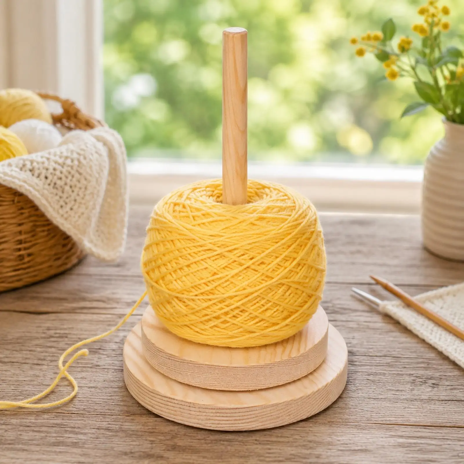 Solid Wood Yarn Holder Rotating Spindle for Crochet Knitting Thread Dispenser with Stable Base Craft Table