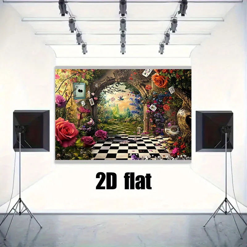 Alice in Wonderland Rose Garden Chessboard Tapestry 2D Flat Printing Wall Hanging Backdrop for Kids Room Party Decor Fantasy Art
