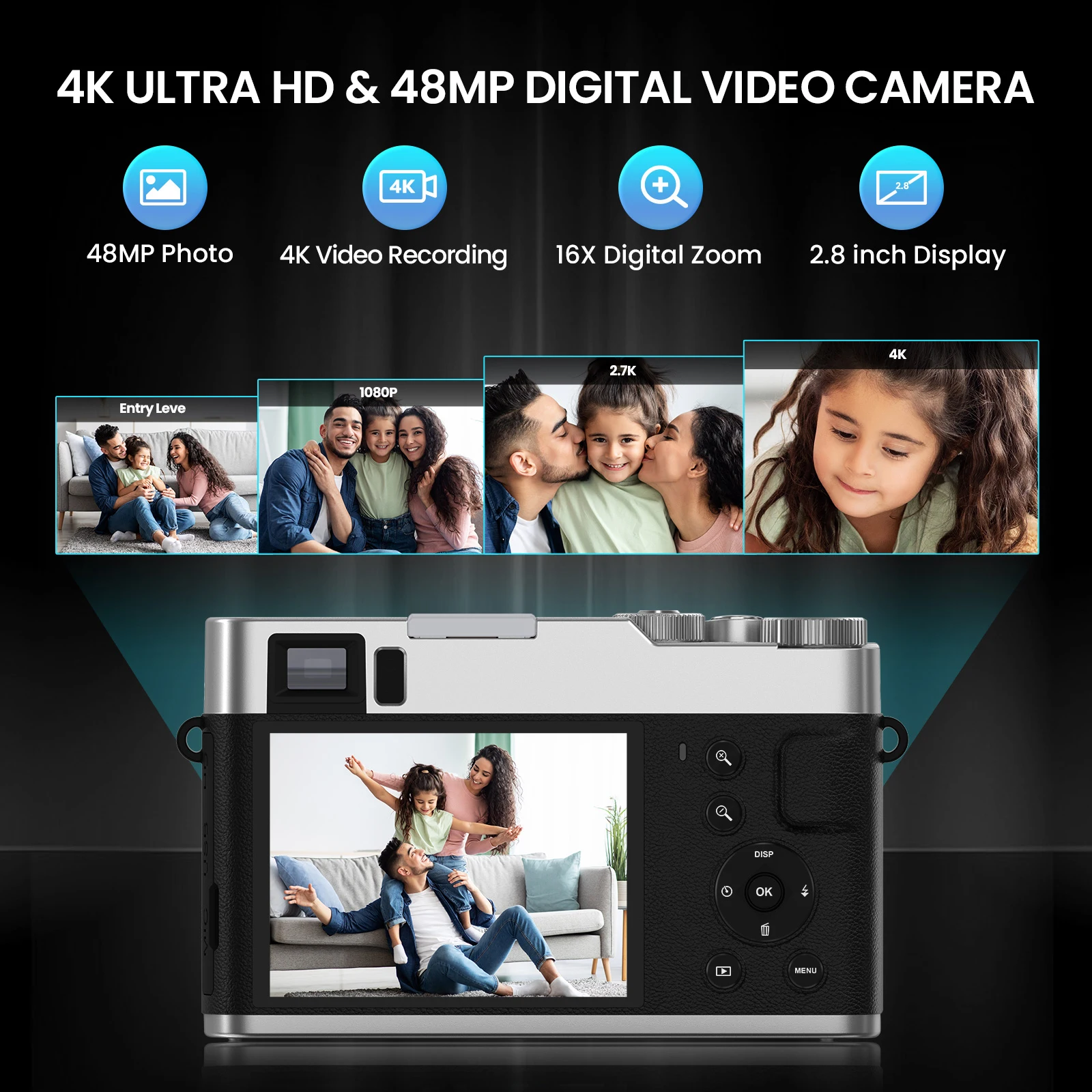 كاميرا STUOGYUM 4K الرقمية كاميرا سفر فائقة الدقة مع التركيز التلقائي وتسجيل الدخول 16X كاميرا تكبير رقمية للتصوير الفوتوغرافي #3