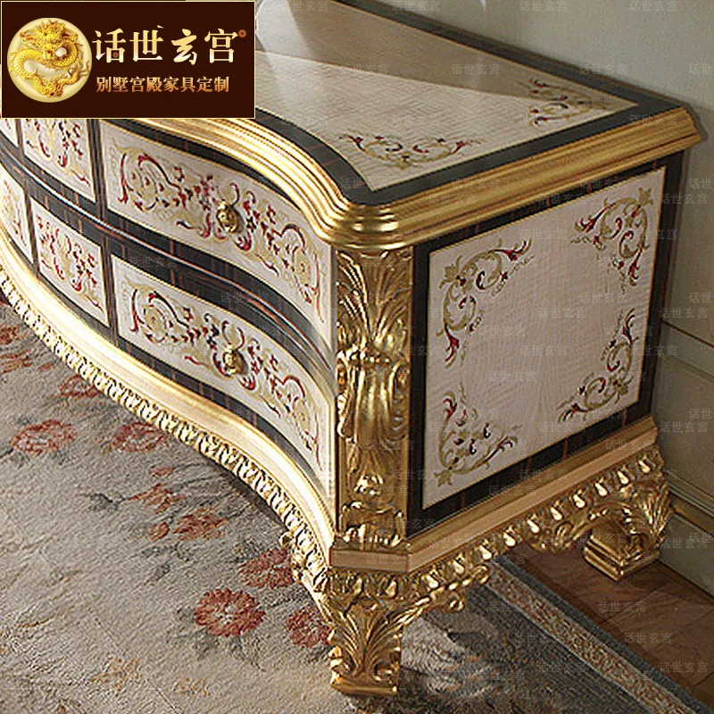 Luxury European solid wood carved TV cabinet shell art parquet floor cabinet villa living room cabinet