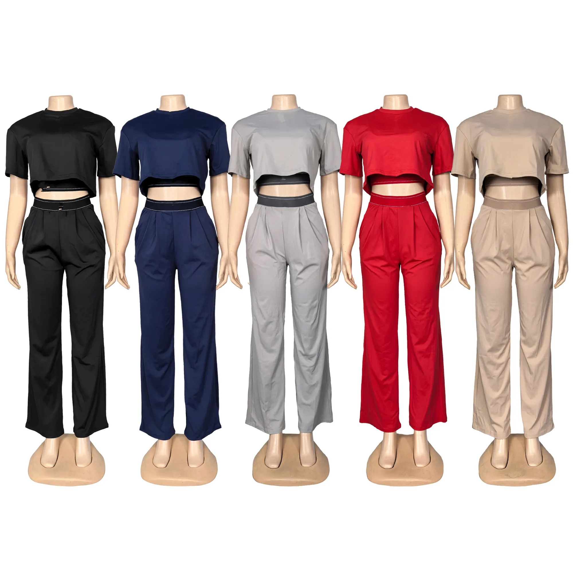 Q6387 Relaxed Short-Sleeved Cover-Up, Sexy Strappy Wide-Leg Trousers, Casual Sporty Three-Piece Set (with chest pads)