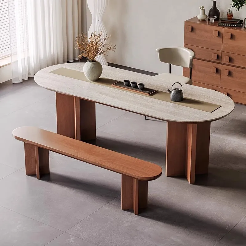 Solid wood rock slab dining table and chair combination light luxury modern simple household living room small apartment 2