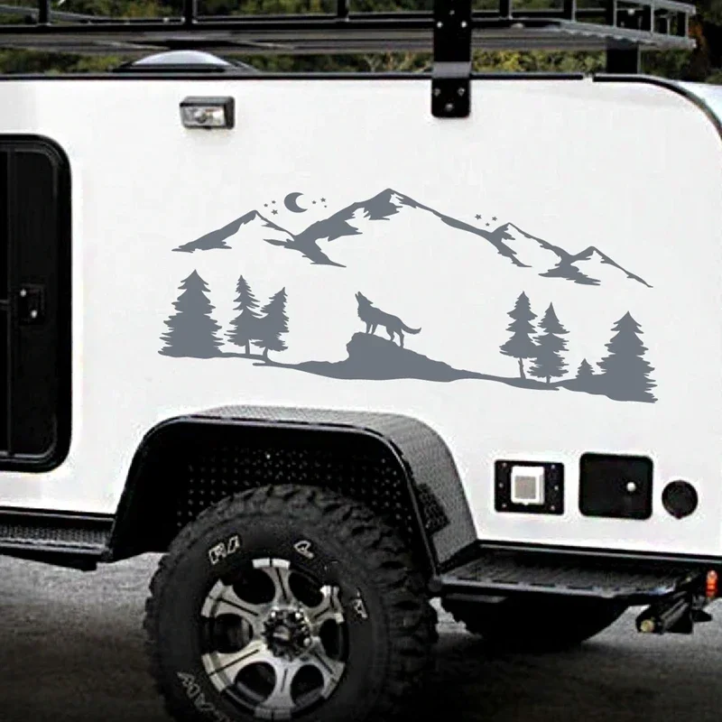 Car Vinyl Decal Stickers for SUV RV Camper Offroad Howling Wolf Car Decoration Mountains Forest Animals Moonlight