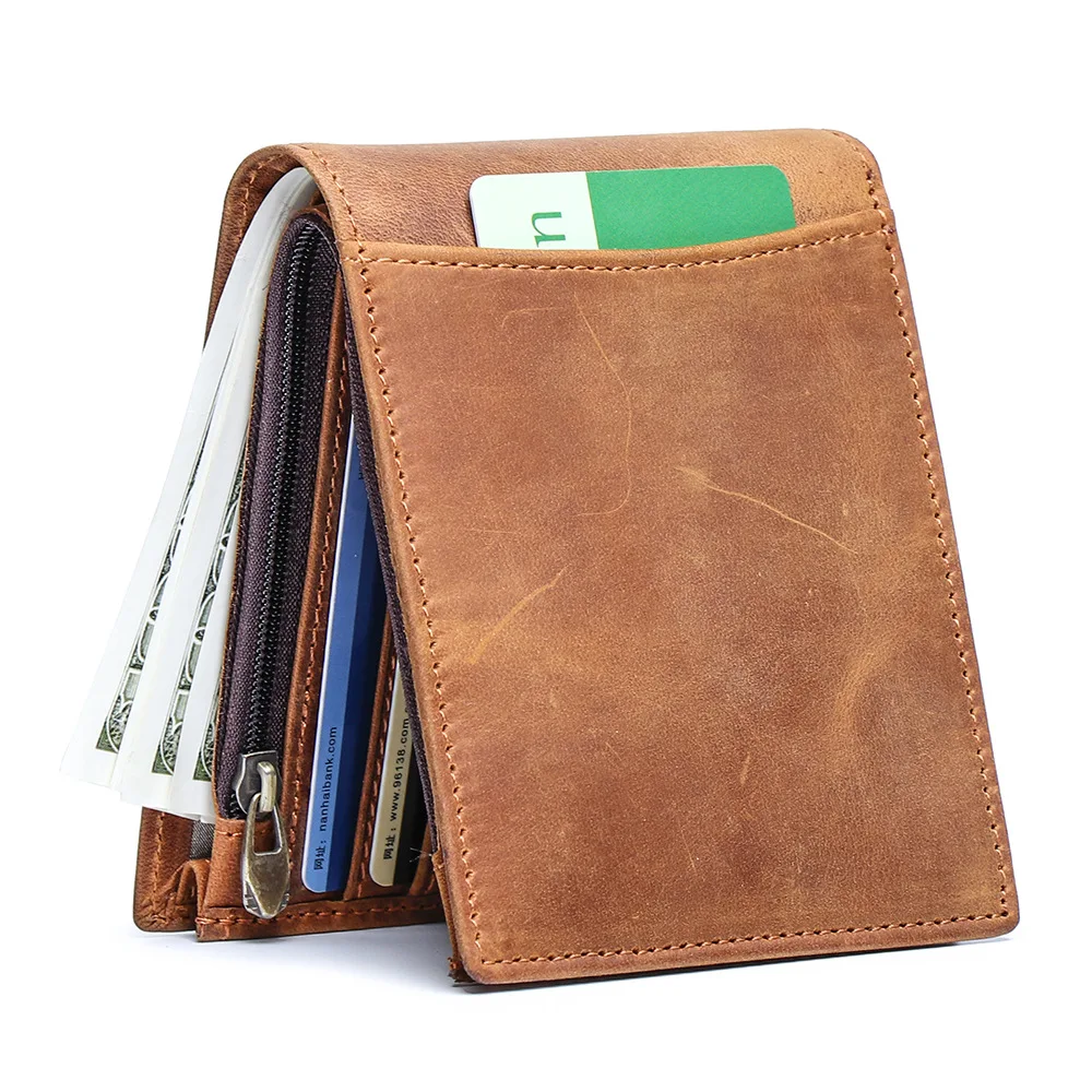 LJ-9004 The First Layer Cowhide Short Wallet Can Be Used As An RFID Coin Acceptor,A Crazy Horse Leather Multi Slot Card Bag
