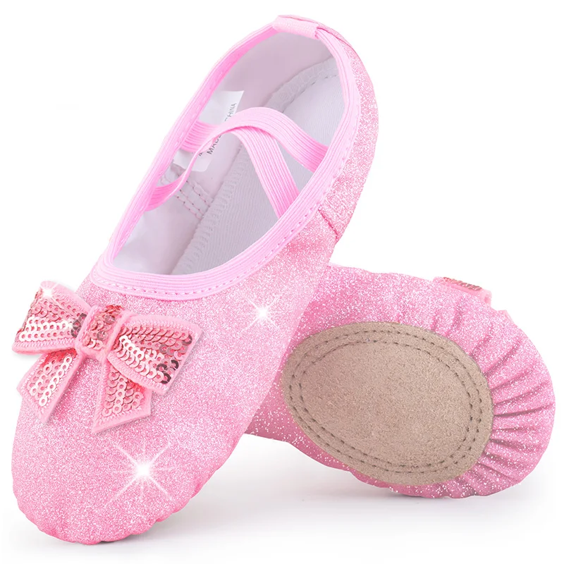 여자 반짝 이는 가죽 발레 신발 여자 유아 발레 댄스 연습을위한 분할 단독 노 타이 댄스 슬리퍼
