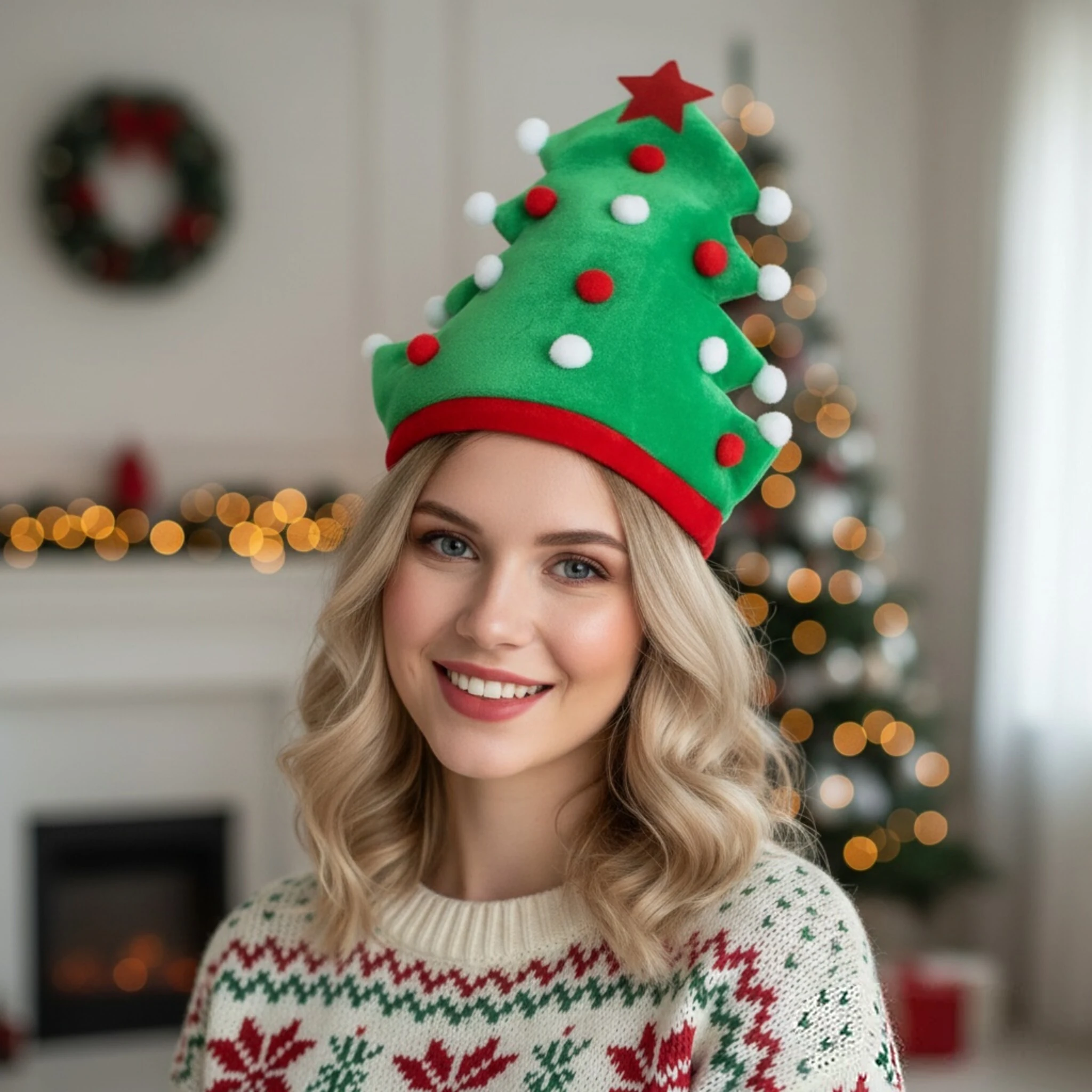 Christmas Tree Shape Hat for Adults Plush Pom-pom Decorated Headwear Star Topper Holiday Cosplay Party Costume Accessory
