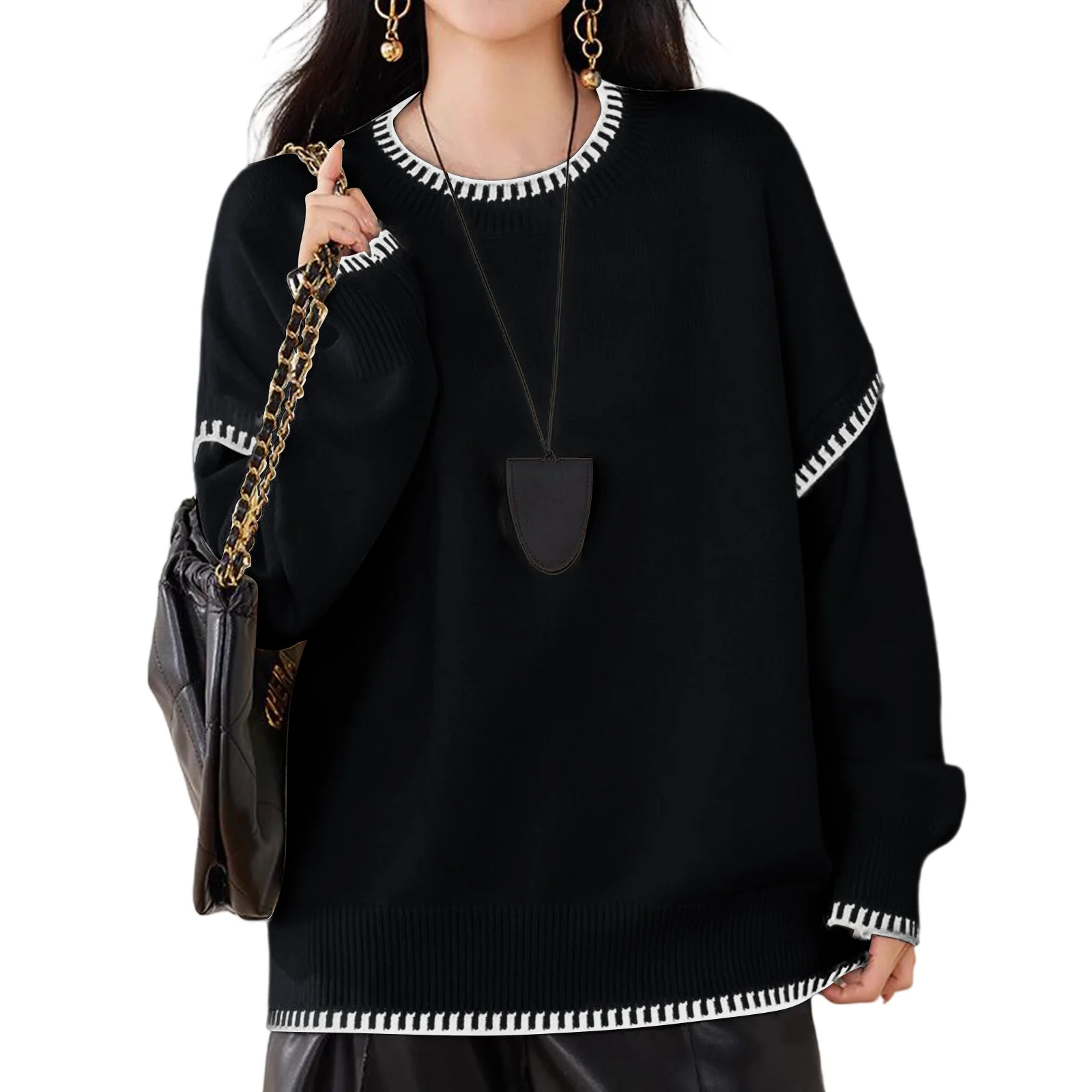 

YHOPE женский модный повседневный универсальный ленивый стиль контрастный пуловер с круглым вырезом и длинными рукавами свободный вязаный свитер