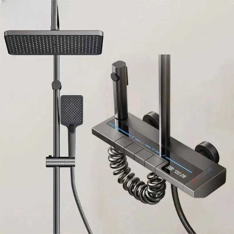 

Space Aluminium Digital Display Shower Set With Ambient Lighting Four Piano Keys Hot And Cold Shower System Bathroom Accessories