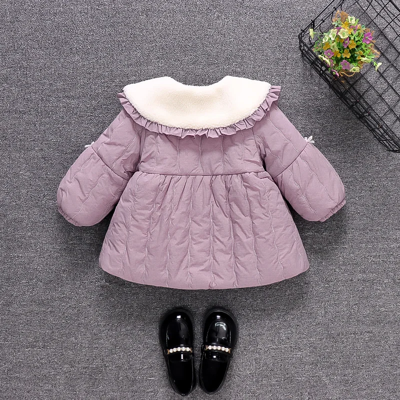 Cute Baby Girl Cotton Coat With Winter Lace Granular Velvet Big Collar Solid Color Single Breasted Cotton Jacket