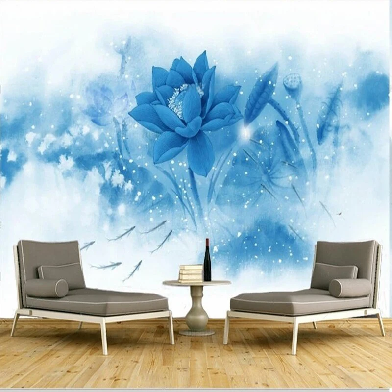 Chinese-style Cutsom Original innovative blue ink-wash lotus mural for TV bedroom and home decoration background wall