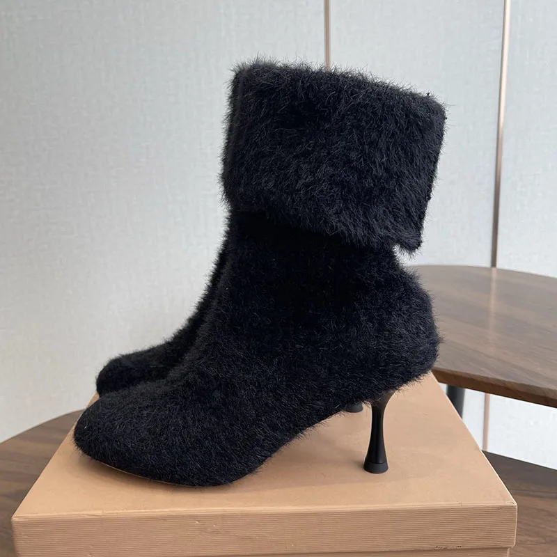 Botas modernas de tacón alto fino para mujer, Botas cortas con borde vuelto, Botas tobilleras de piel, zapatos de invierno de estilo británico, Zpatos de mujer