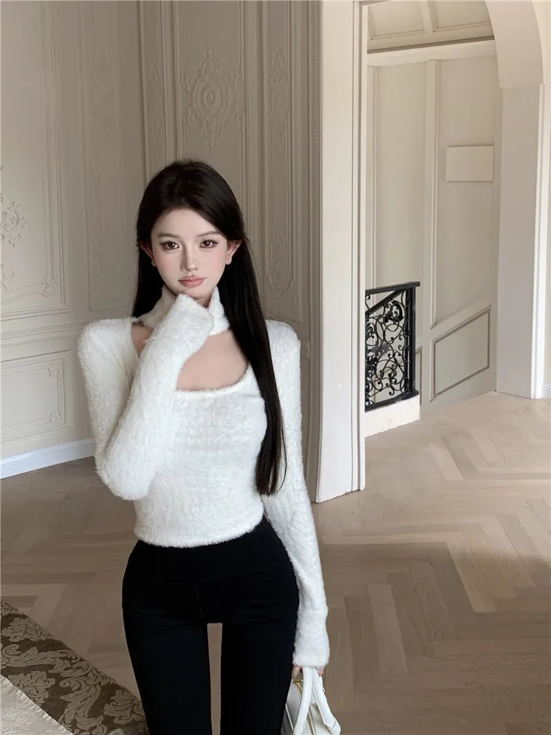 Czysta Pożądanie Seksowna Dziewczyna Golf Dzianinowy Podkoszulek Damski Jesienno-Zimowy Z Futrzanym Wykończeniem Kwadratowy Dekolt Top Bielizna Wewnętrzna Wisząca Na Szyi...