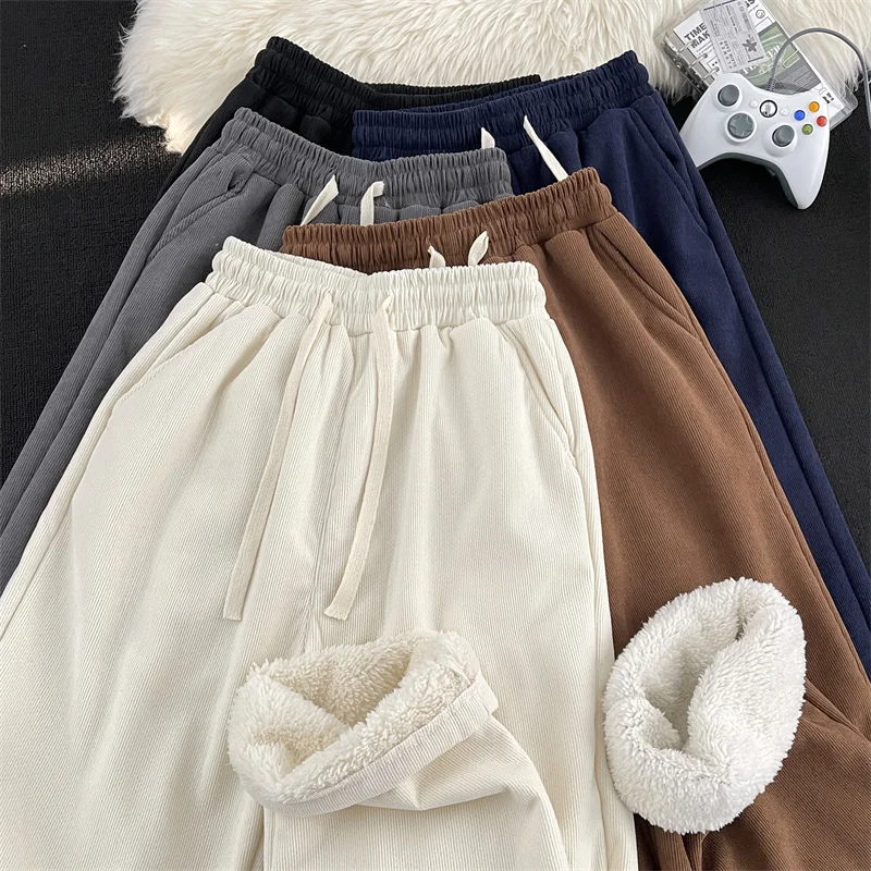

Men's Corduroy Thermal Pants Fce Lined Thiened Drape Pure Color Lamb Velvet Cotton Pants Retro Loose Casual Sweatpants