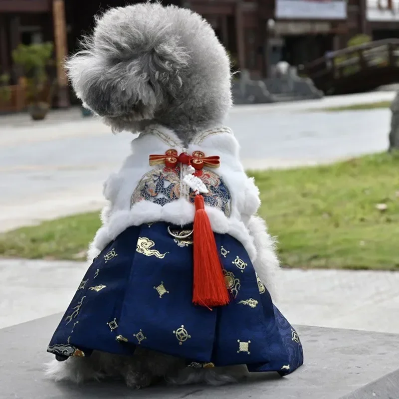 

Winter Puppy Clothes Chinese Tang Suits Puppy Clothes Teddy Pet Cats Warm Fur Horse Face Skirts Embroidered