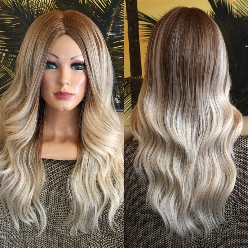 

13x4 Ombre Platinum Blonde with Brown Streaks Wig Soft HD Lace Front Wig Good Quality Synthetic Wigs 26 Inches Long Body Wave