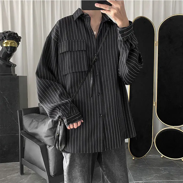 Spring Autumn Fashion Temperament Stripe Simple Shirt Man Loose Long-sleeve Casual Male Blouse Vintage Chic Streetwear Clothes