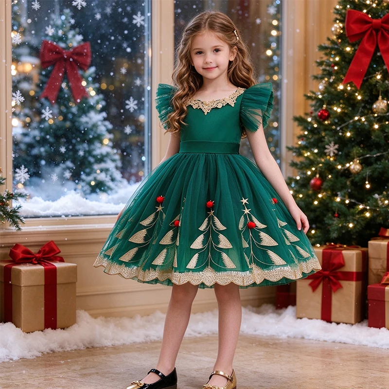 2025 Weihnachten Mädchen Party Kleider Grün Tüll Weihnachtsbaum Stickerei Prinzessin Kleid Elegante Mädchen Weihnachten Kleid Geschenke