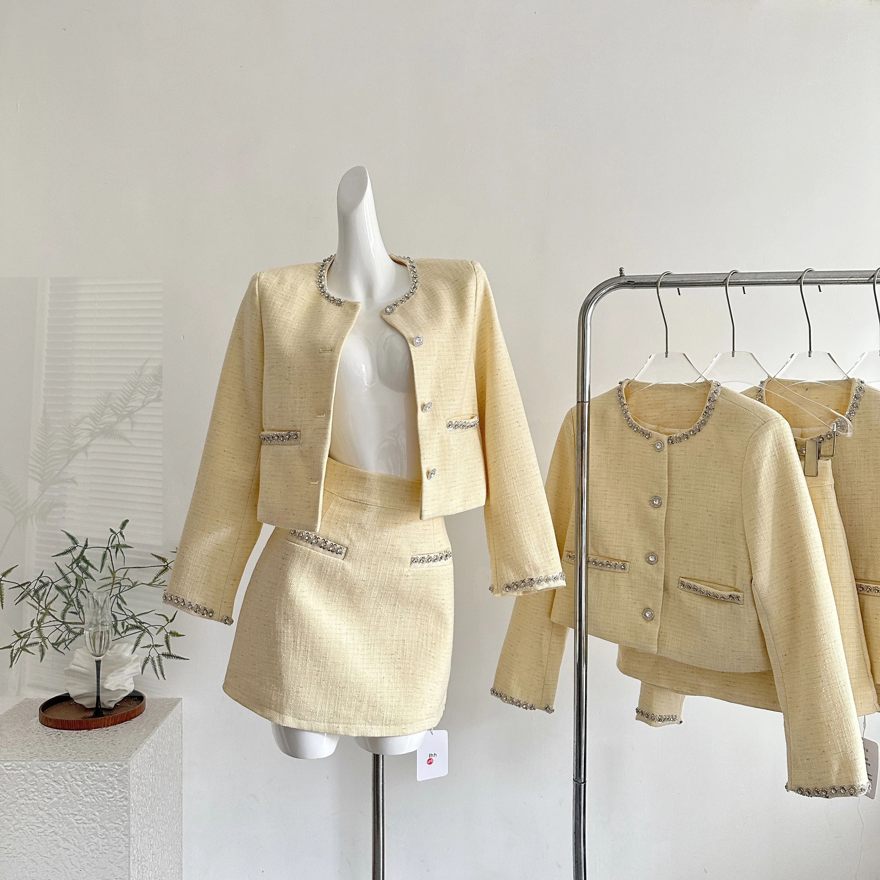 

Женский элегантный комплект из двух частей твидовой юбки, женский однобортный пиджак с круглым вырезом и длинными рукавами + мини-юбка