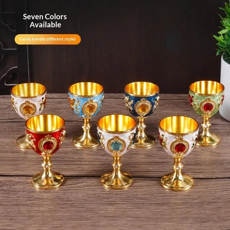 【CC】Vintage European Alloy Goblet Embossed Enamel Mini Liquor Wine Cup Multi Colors For Wedding Home Bar Table Decor Gift