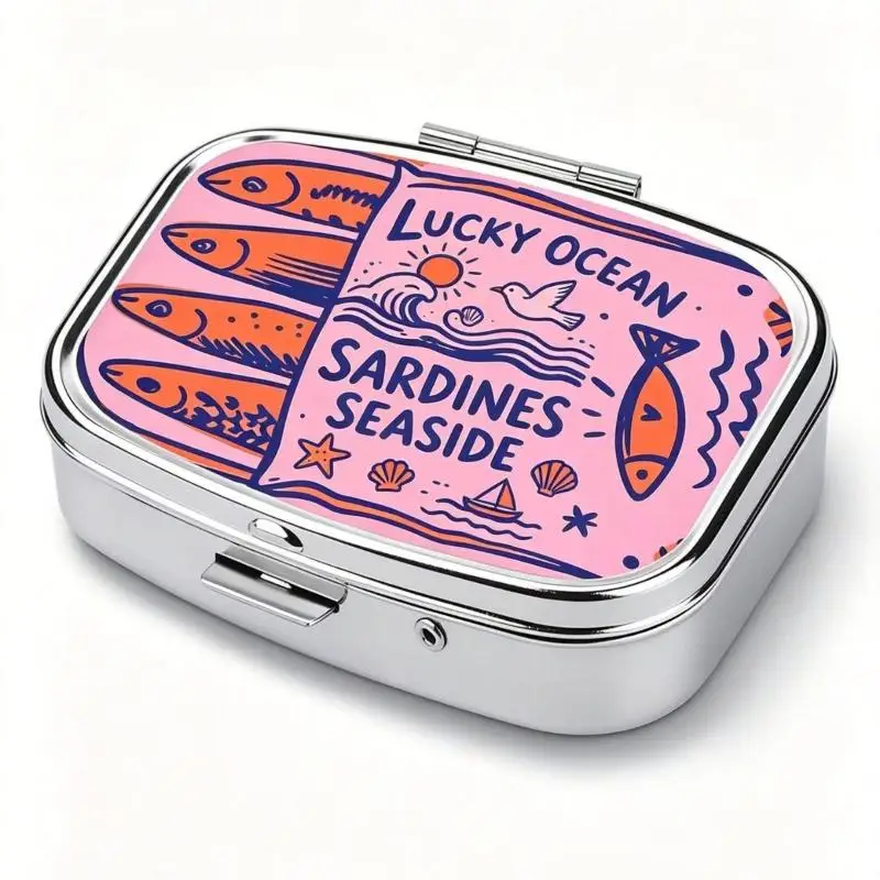 Portable Metal Pill Holder Unique Sardine Print 2 Compartment Small Medicine Storage Box for Travel Daily Carry