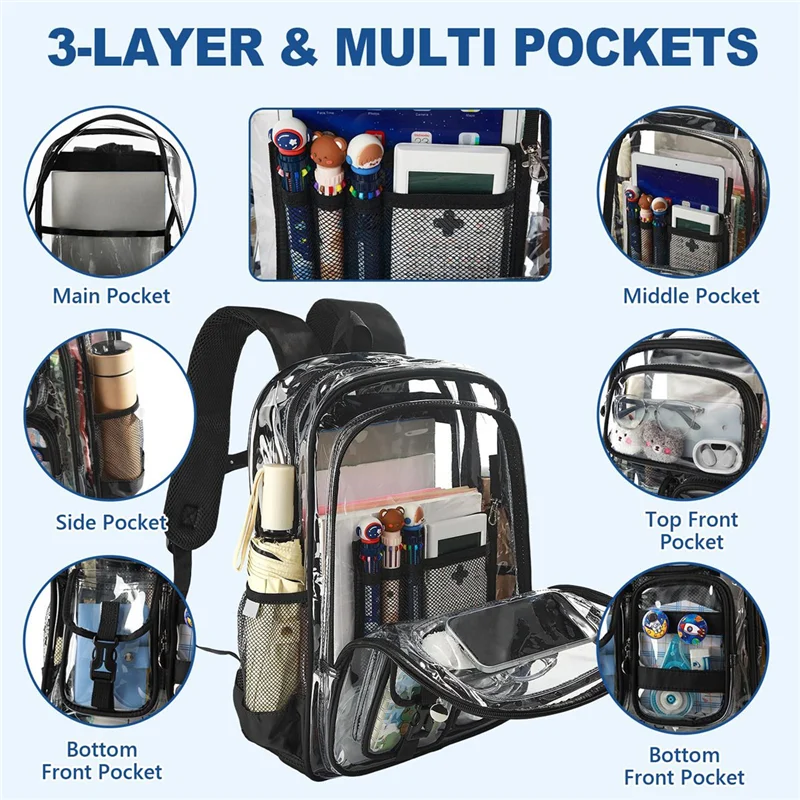 ABAC-Mochilas transparentes con accesorios, mochilas escolares transparentes para adolescentes, niños y niñas, para bolsas para portátiles transparentes de primaria