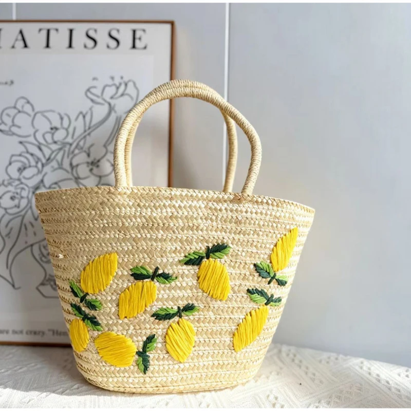 Kokosnuss-Stickerei Strohgewebte Strandtasche, Große Kirsch-Tragetasche, Damen Sommer Casual Urlaubstasche mit Schriftzug – Detail 14