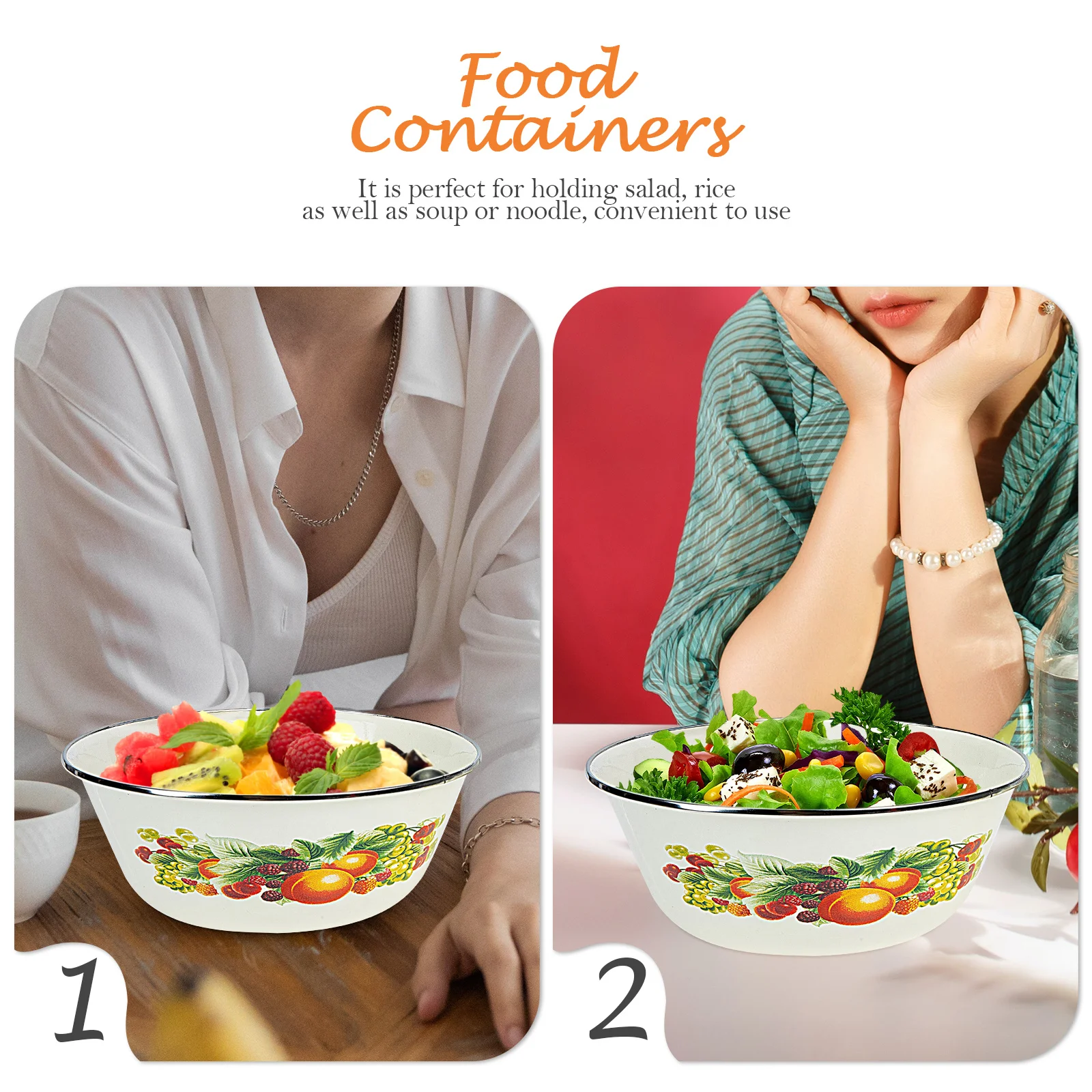 

2Sets Heavy Duty Enamel Soup Bowl with Lid Multi Use Salad Noodle Food Storage Bowl for Home Kitchen Office Salad Noodle Bowls