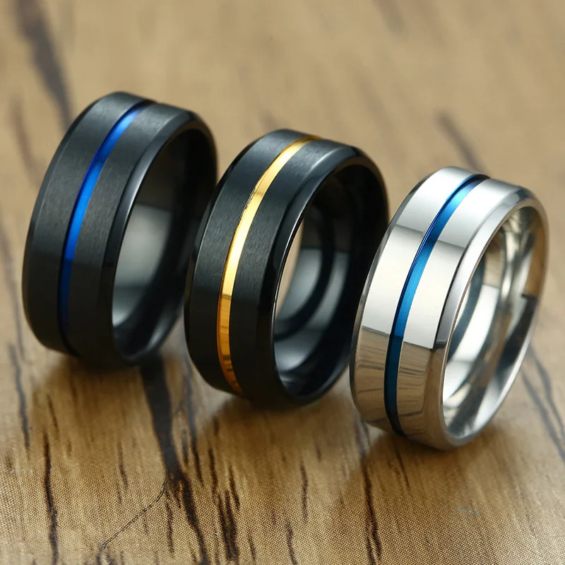 Vnox męskie podstawowe obrączki ślubne 8MM matowe wykończenie ze stali nierdzewnej z cienką linią anel masculino prezenty dla niego