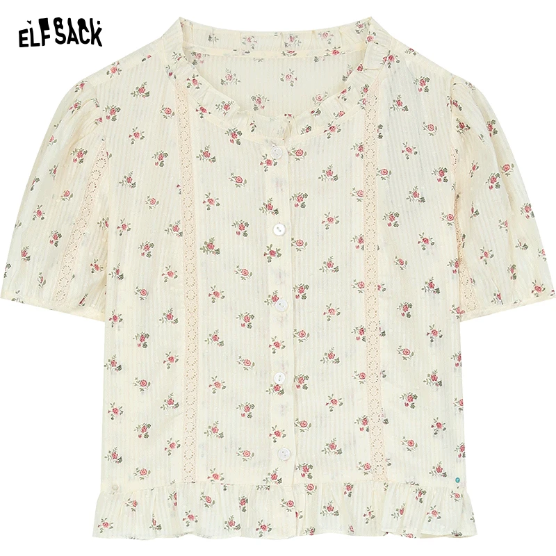 ELFSACK 2024 summer new arrival French lace print gentle style round neck puff sleeve temperament short sleeve shirt for women