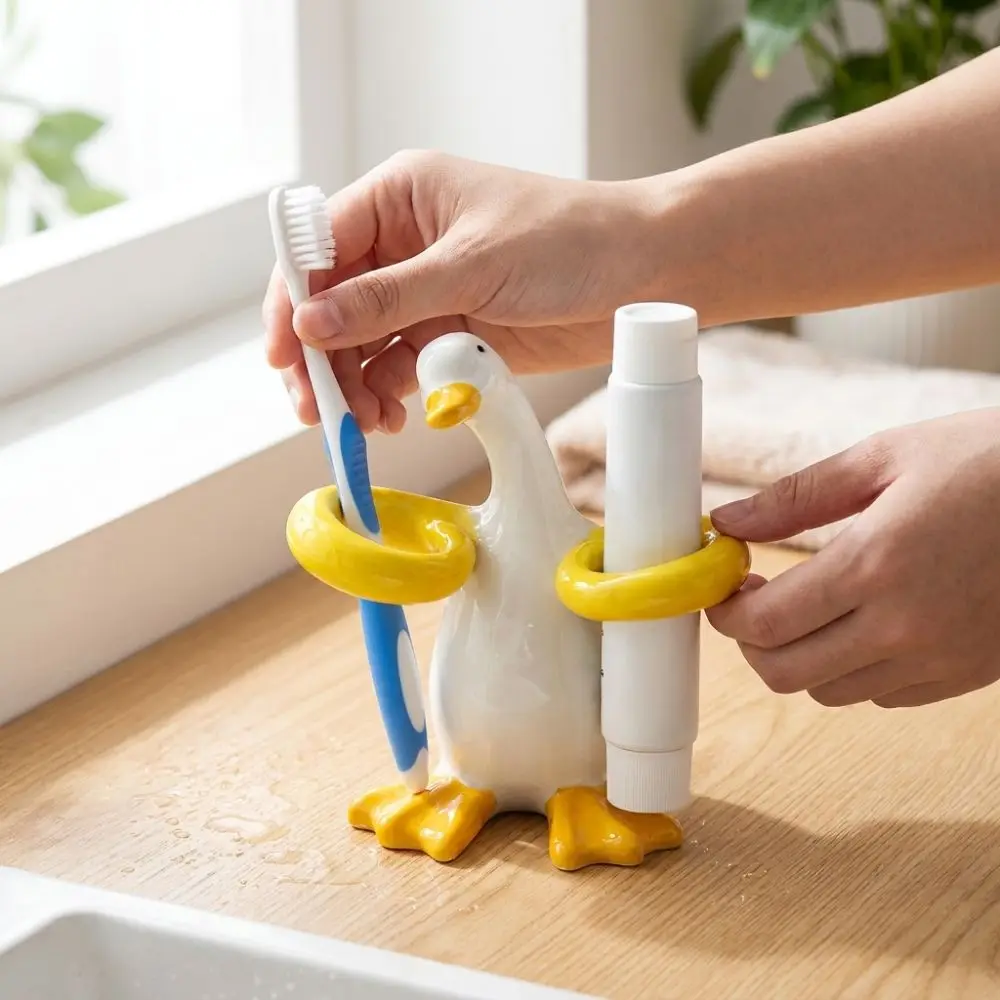 Duck-Shaped Electric Toothbrush Holder Ceramic 2 Slot Toothbrush Storage Stand Non Slip Portable Makeup Brush Shelf