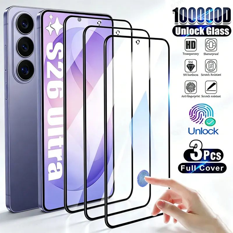3PCS Unlockeing Screen Protectors For Samsung Galaxy S26 Ultra S23 S22 S21 Plus S24 S25 Ultra Edge Full Coverage Tempered Glass