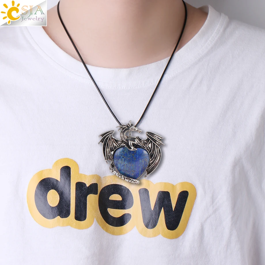 CSJA Vintage Dragon Man Necklace Natural Stone Tiger Eye Heart Crystal Shape Pendant Amulet Necklaces for Woment Jewelry H237