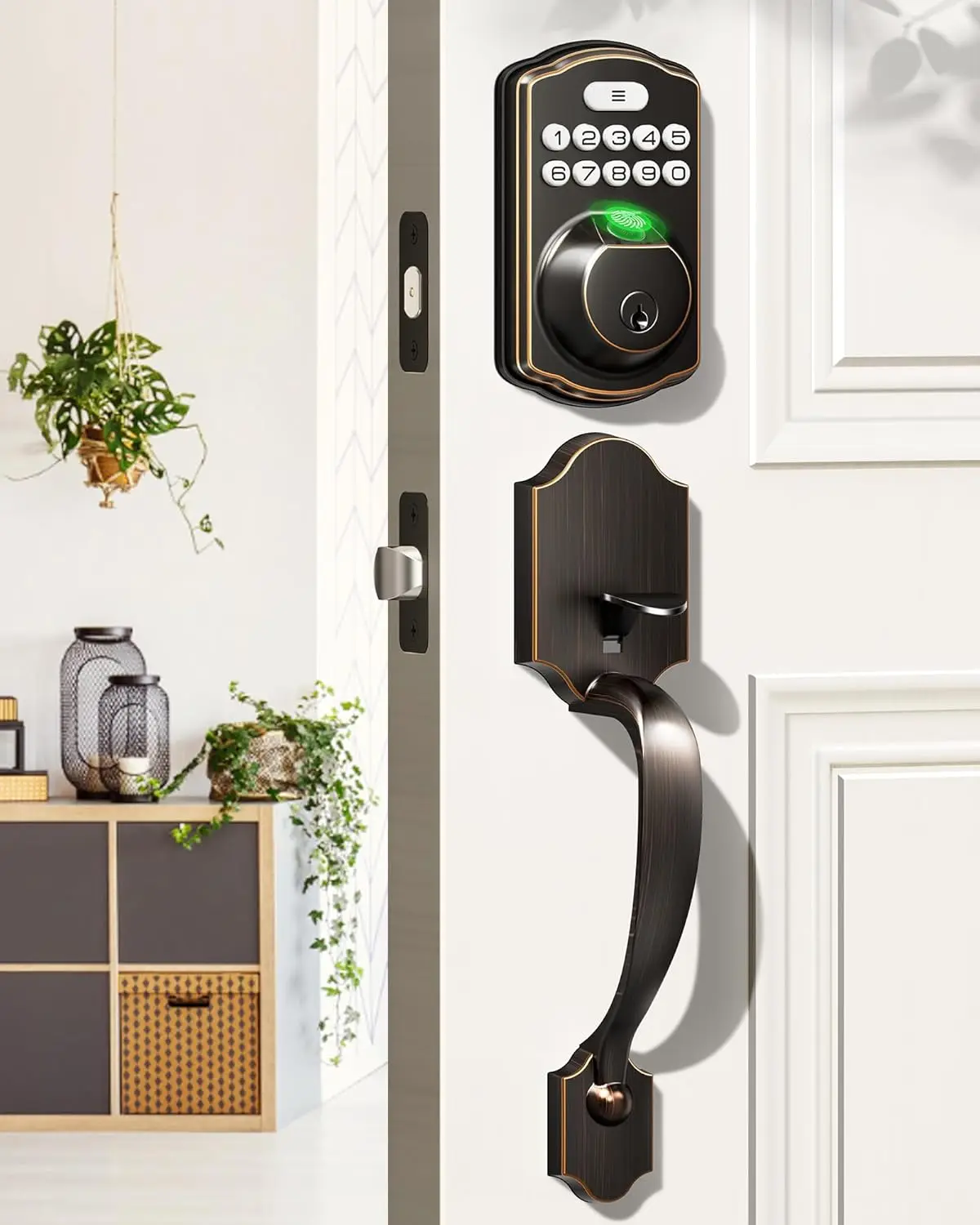 Keyless Entry Fingerprint Door Lock Set with Electronic Keypad, Auto-Locking, Easy Install in Oil Rubbed Bronze