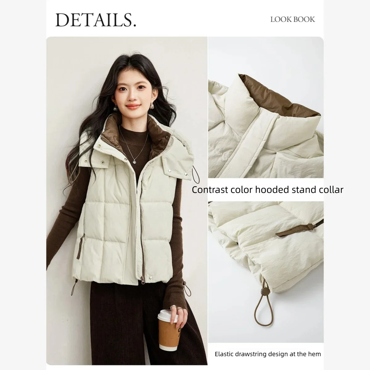VIMLY Color Contrast Detachable Hooded Vest Women Layering Warm Waistcoat Sleeveless Coat 2026 Autumn Short Quilted Vest 31805