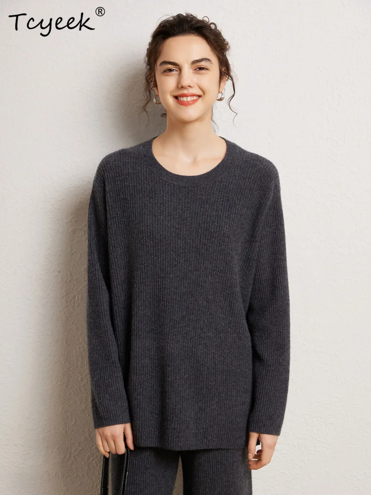 

Tcyeek, Cashmere Wool Elegant Sweaters, Women O-Neck Solid Color, Casual Loose Soft Sweater, 2024 Autumn Winter Top T48627QM