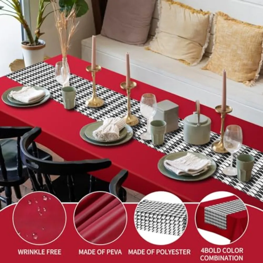1パック プラスチック製 赤いテーブルクロス 千鳥格子柄テーブルランナー 千鳥格子柄パーティーデコレーション 108 * 54インチ ダイニングテーブル 屋外パーティー用