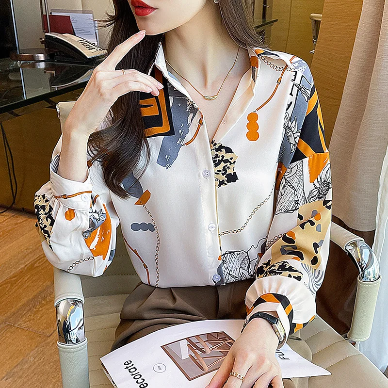 2026 Spring Chiffon Shirt Women's Long-sleeved Printed Color Niche Chiffon