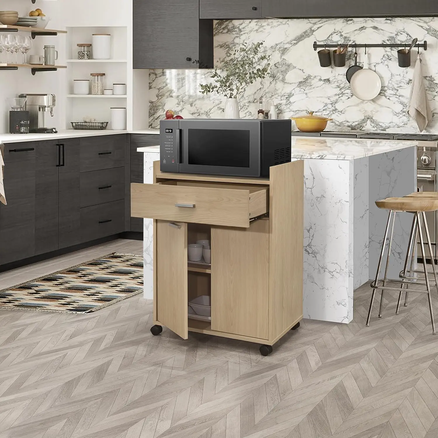 

Kitchen Cart on Wheels, Rolling Microwave Stand with Drawer and 2 Doors, Storage Cabinet for Kitchen or Dining Room, Beech
