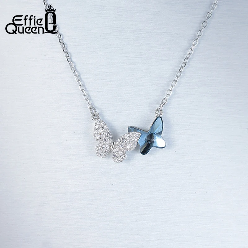 EFFIE QUEEN Butterfly Pendant Necklace 925 Sterling Silver Blue Sparkling Crystal With AAAA Cubic Zirconia Full Paved Gift SWN03