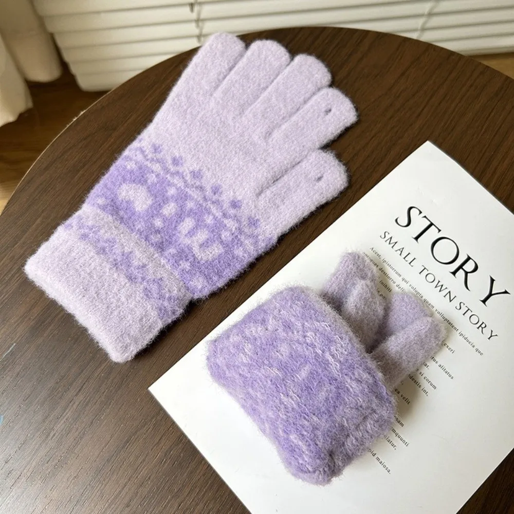 Heart Snowflake Pattern One Tip Knitted Gloves Cold Proof 21x8CM Fair Isle Warm Gloves Polyester Winter Cycling Gloves For Women